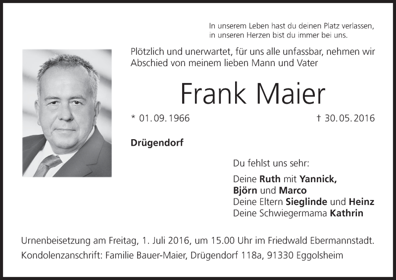  Traueranzeige für Frank Maier vom 04.06.2016 aus MGO