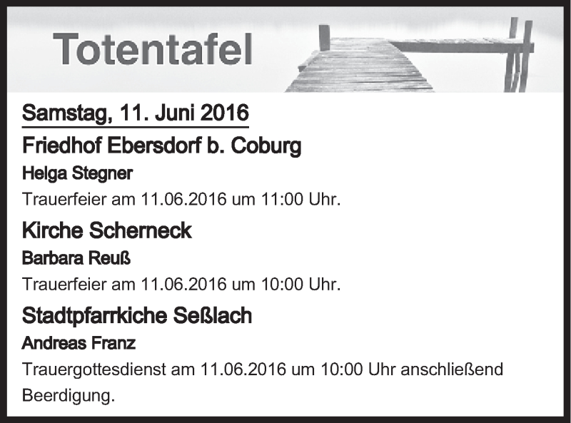  Traueranzeige für Totentafel vom 11.06.2016 vom 11.06.2016 aus MGO