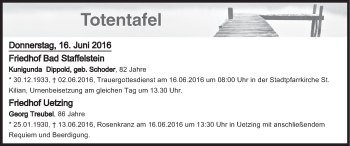 Anzeige von Totentafel vom 16.06.2016 von MGO