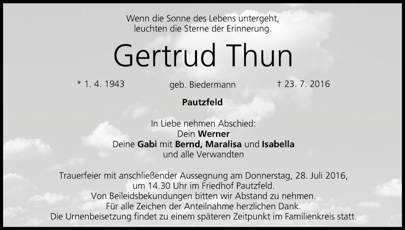  Traueranzeige für Gertrud Thun vom 26.07.2016 aus MGO