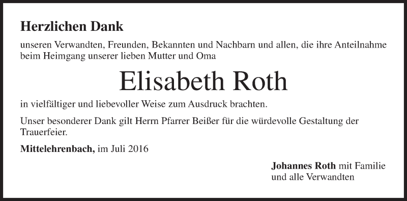  Traueranzeige für Elisabeth Roth vom 30.07.2016 aus MGO