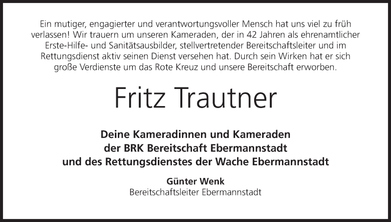  Traueranzeige für Fritz Trautner vom 25.07.2016 aus MGO