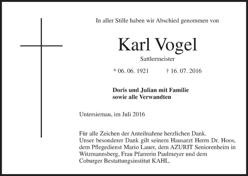  Traueranzeige für Karl Vogel vom 25.07.2016 aus MGO