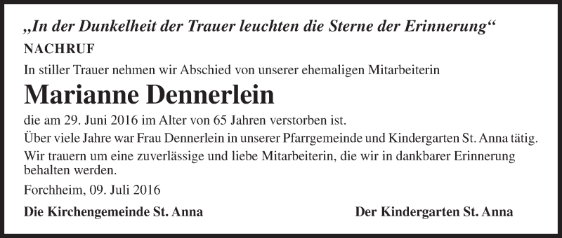  Traueranzeige für Marianne Dennerlein vom 09.07.2016 aus MGO