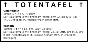 Anzeige von Totentafel vom 22.07.2016 von MGO