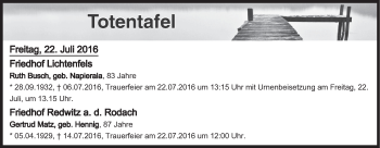 Anzeige von Totentafel vom 22.07.2016 von MGO