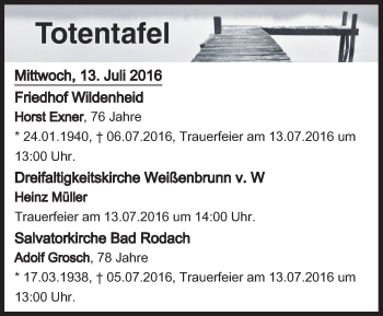 Anzeige von Totentafel vom 13.07.2016 von MGO