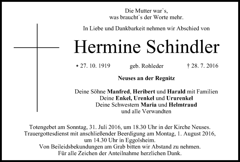  Traueranzeige für Hermine Schindler vom 30.07.2016 aus MGO
