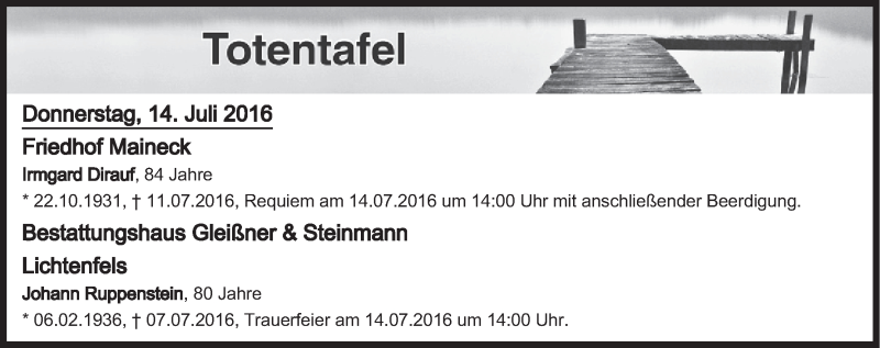  Traueranzeige für Totentafel vom 14.07.2016 vom 14.07.2016 aus MGO