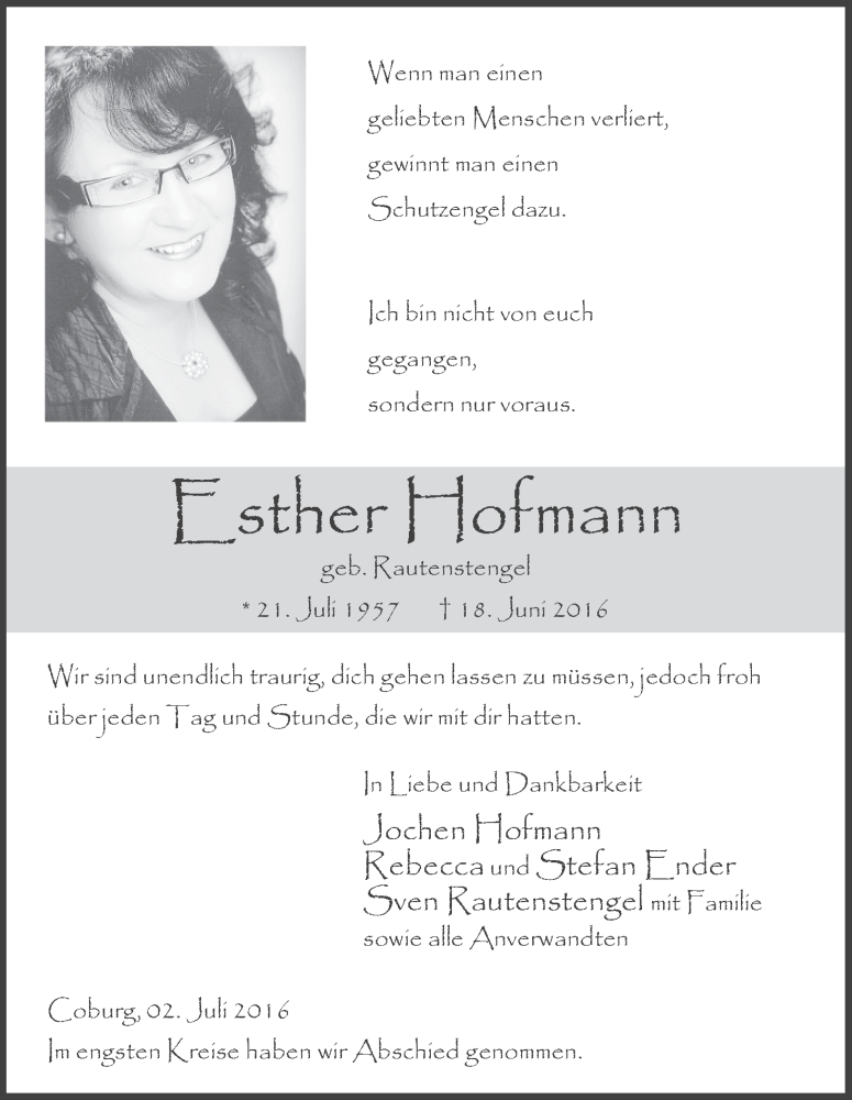  Traueranzeige für Esther Hofmann vom 02.07.2016 aus MGO