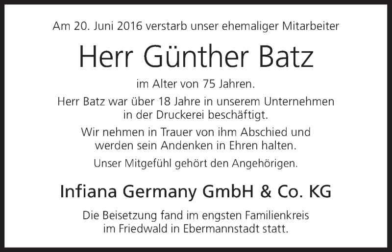  Traueranzeige für Günther Batz vom 19.07.2016 aus MGO