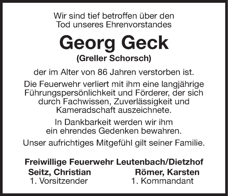  Traueranzeige für Georg Geck vom 15.07.2016 aus MGO