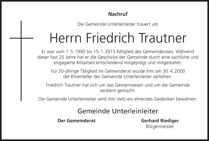  Traueranzeige für Friedrich Trautner vom 23.07.2016 aus MGO
