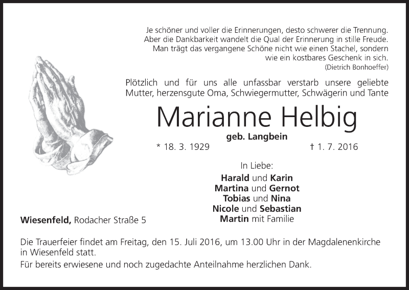  Traueranzeige für Marianne Helbig vom 13.07.2016 aus MGO