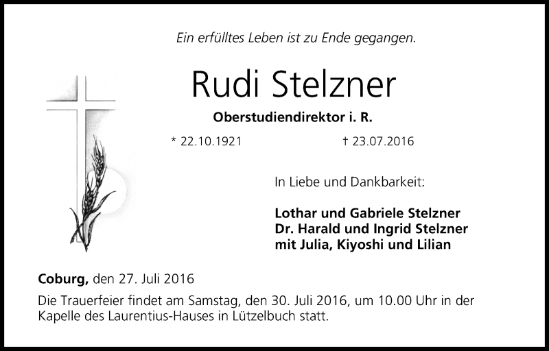  Traueranzeige für Rudi Stelzner vom 27.07.2016 aus MGO