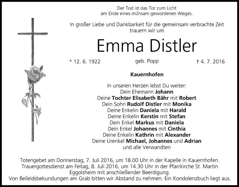 Traueranzeige für Emma Distler vom 06.07.2016 aus MGO