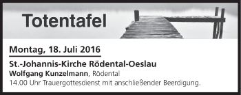 Anzeige von Totentafel vom 18.07.2016 von MGO