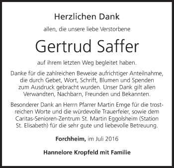 Anzeige von Gertrud Saffer von MGO