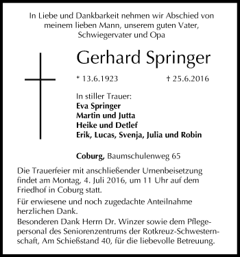 Anzeige von Gerhard Springer von MGO