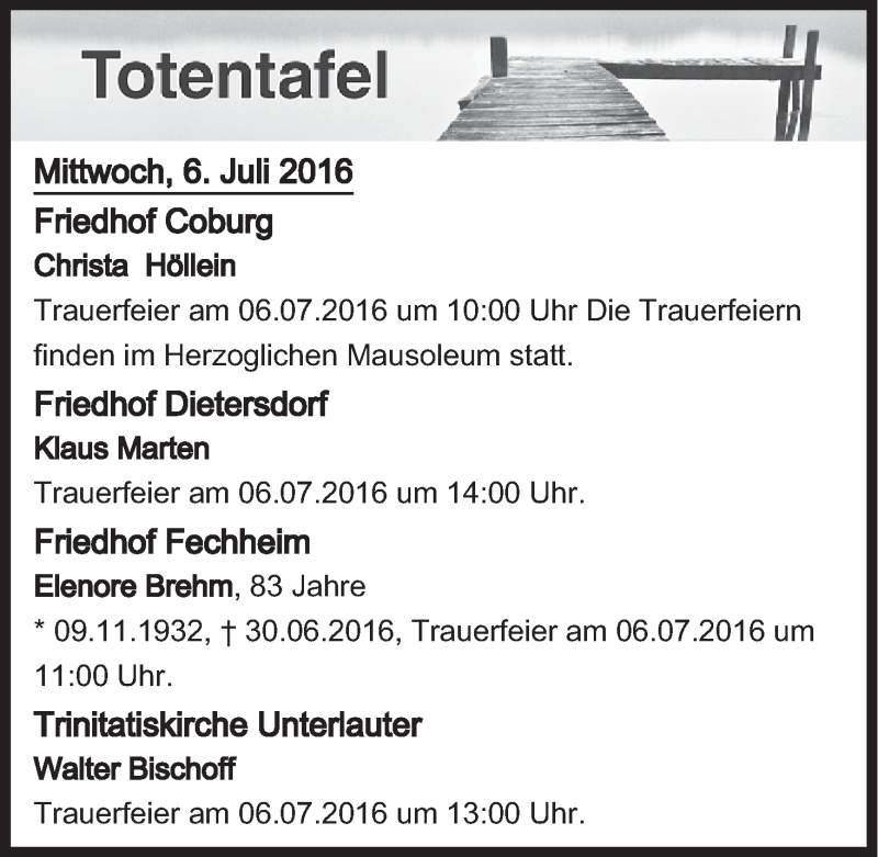  Traueranzeige für Totentafel vom 06.07.2016 vom 06.07.2016 aus MGO