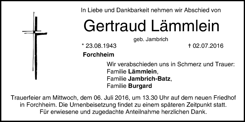  Traueranzeige für Gertraud Lämmlein vom 05.07.2016 aus MGO