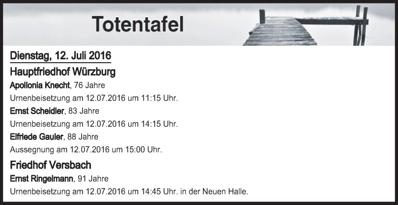  Traueranzeige für Totentafel vom 12.07.2016 vom 12.07.2016 aus MGO