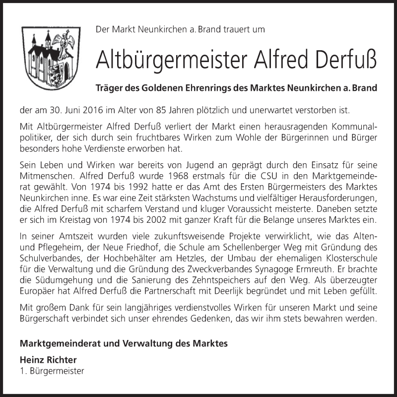  Traueranzeige für Alfred Derfuß vom 06.07.2016 aus MGO