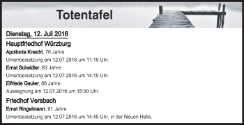 Anzeige von Totentafel vom 12.07.2016 von MGO
