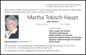 Anzeige von Martha Tobisch-Haupt von MGO