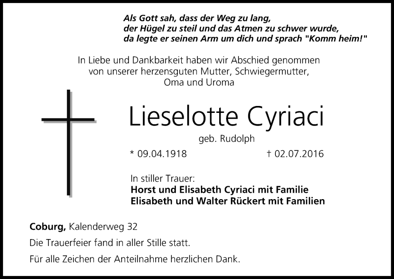  Traueranzeige für Lieselotte Cyriaci vom 12.07.2016 aus MGO