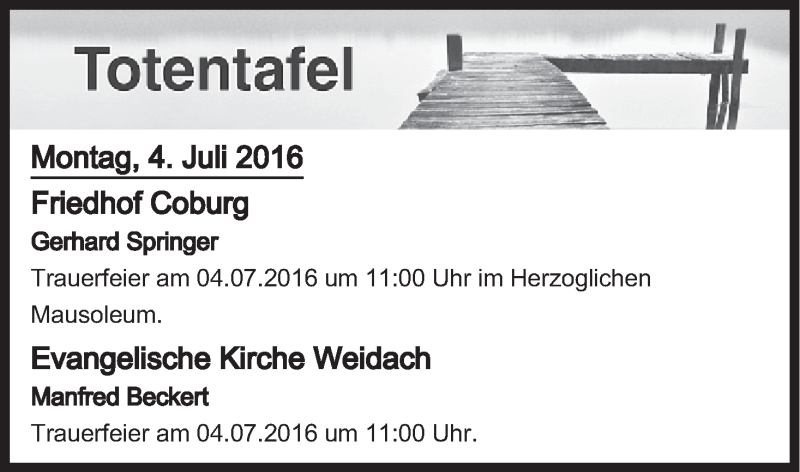  Traueranzeige für Totentafel vom 04.07.2016 vom 04.07.2016 aus MGO
