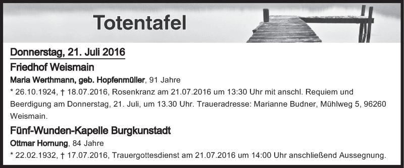  Traueranzeige für Totentafel vom 21.07.2016 vom 21.07.2016 aus MGO