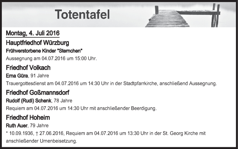  Traueranzeige für Totentafel vom 04.07.2016 vom 04.07.2016 aus MGO
