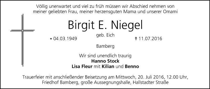  Traueranzeige für Birgit E. Niegel vom 16.07.2016 aus MGO