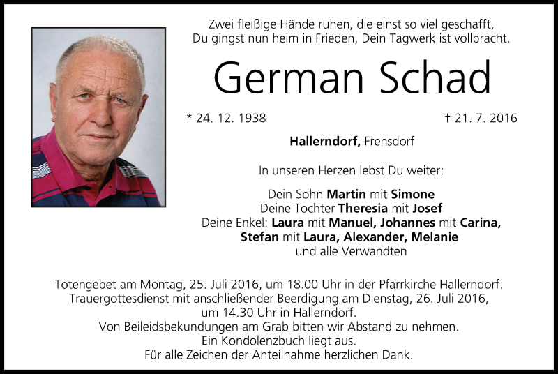  Traueranzeige für German Schad vom 23.07.2016 aus MGO