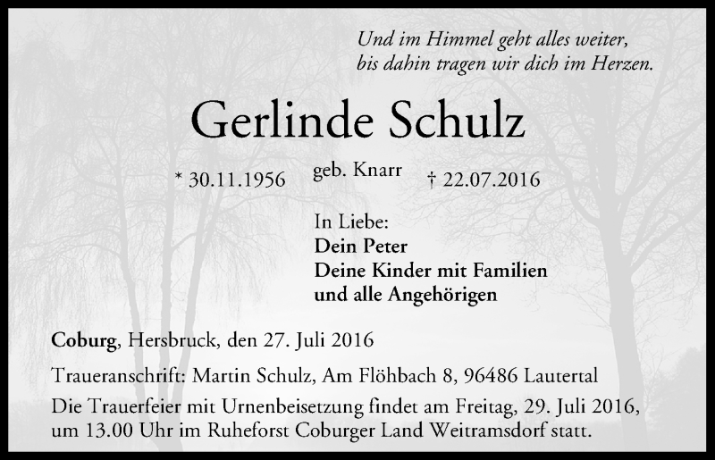  Traueranzeige für Gerlinde Schulz vom 27.07.2016 aus MGO