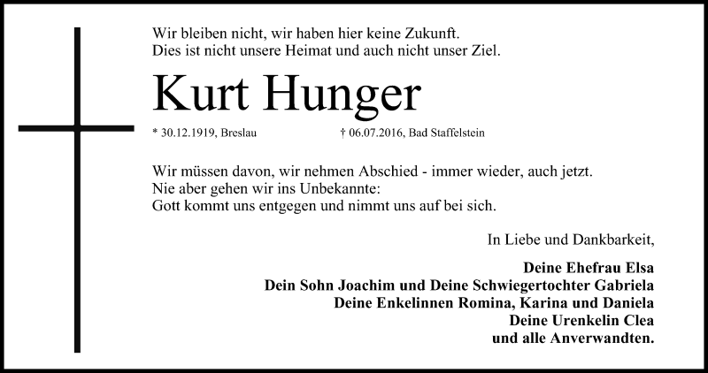  Traueranzeige für Kurt Hunger vom 09.07.2016 aus MGO
