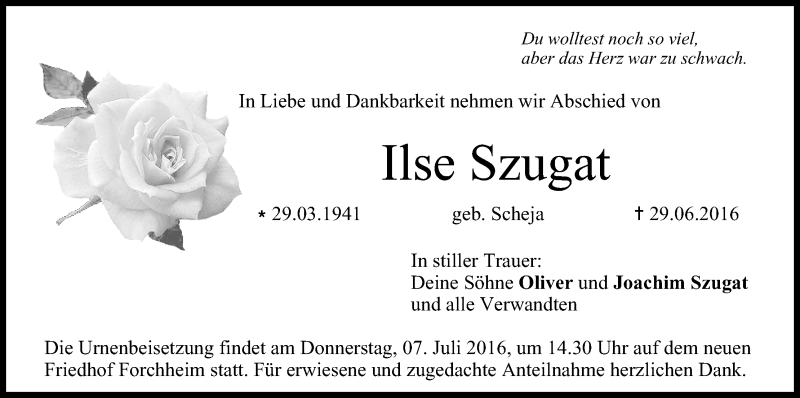  Traueranzeige für Ilse Szugat vom 05.07.2016 aus MGO