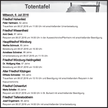 Anzeige von Totentafel vom 06.07.2016 von MGO
