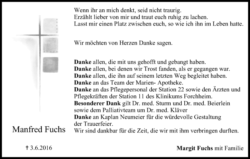  Traueranzeige für Manfred Fuchs vom 02.07.2016 aus MGO