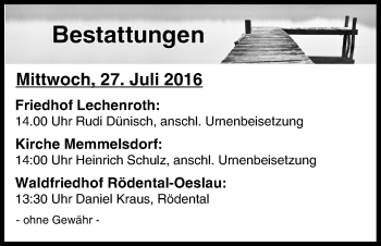 Anzeige von Bestattungen vom 27.07.2016 von MGO