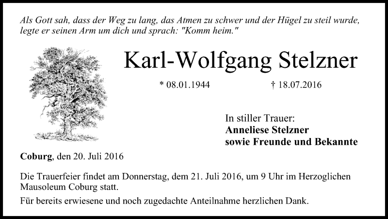 Traueranzeige für Karl-Wolfgang Stelzner vom 20.07.2016 aus MGO