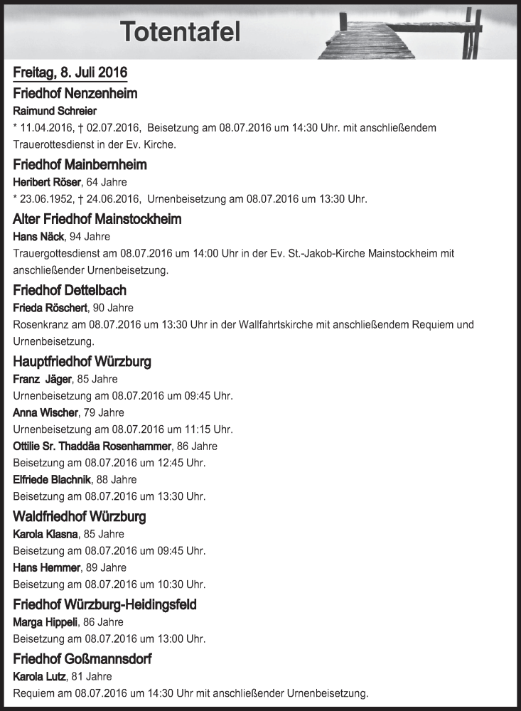  Traueranzeige für Totentafel vom 08.07.2016 vom 08.07.2016 aus MGO