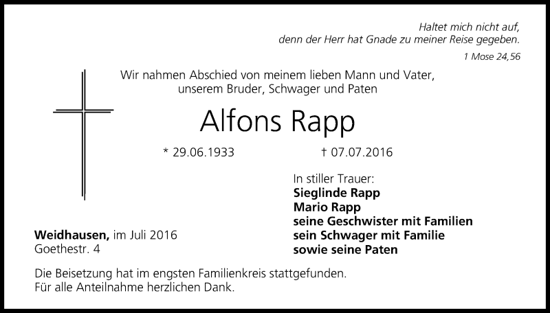  Traueranzeige für Alfons Rapp vom 15.07.2016 aus MGO