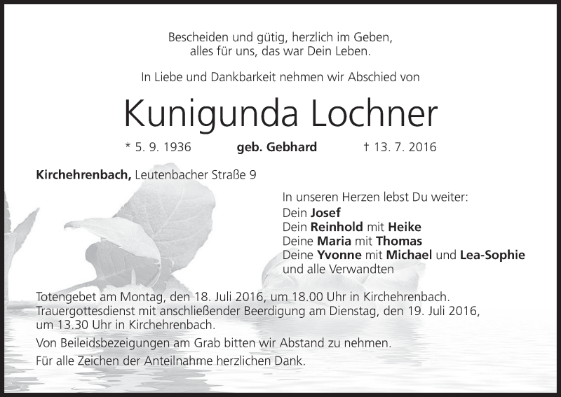  Traueranzeige für Kunigunda Lochner vom 16.07.2016 aus MGO