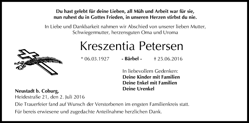  Traueranzeige für Kreszentia Petersen vom 02.07.2016 aus MGO