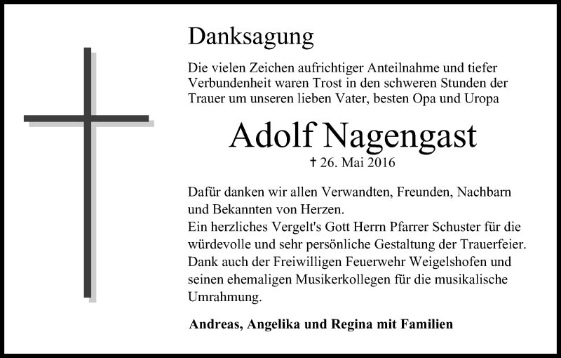  Traueranzeige für Adolf Nagengast vom 09.07.2016 aus MGO