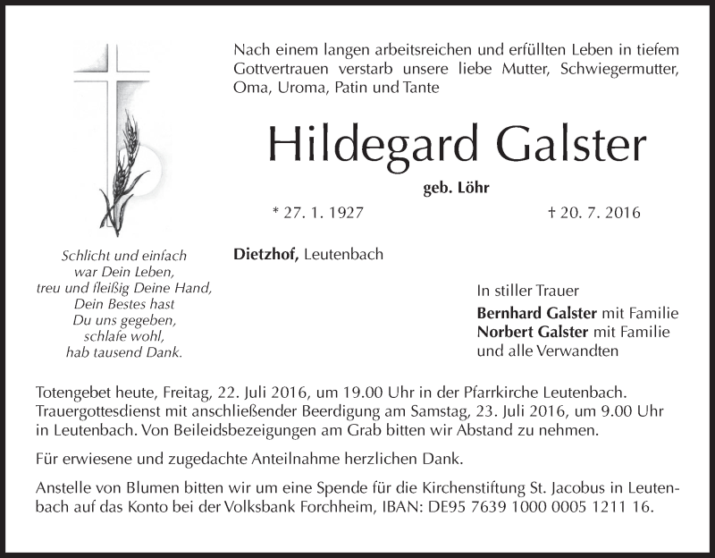  Traueranzeige für Hildegard Galster vom 22.07.2016 aus MGO