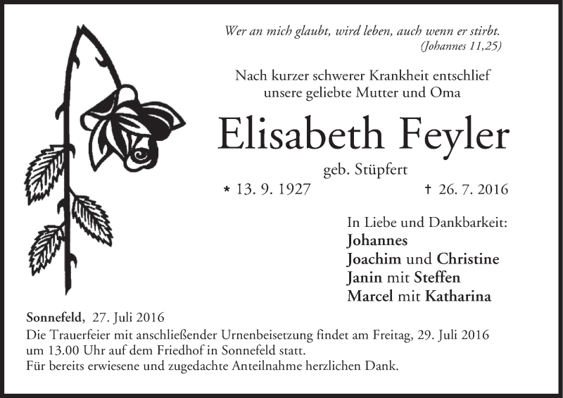  Traueranzeige für Elisabeth Feyler vom 27.07.2016 aus MGO