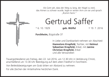 Anzeige von Gertrud Saffer von MGO